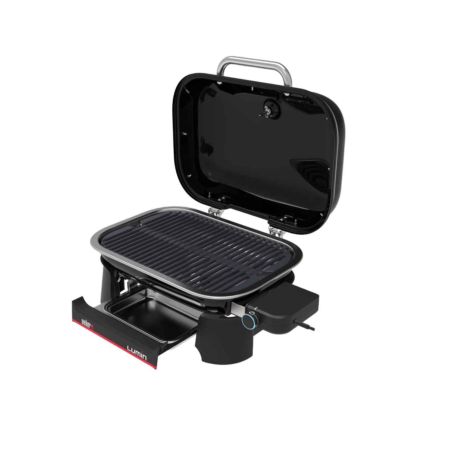 Weber Lumin Compact barbecue elettrico, nero, con coperchio aperto e griglia.