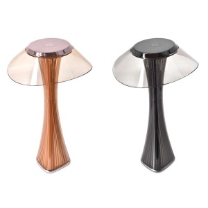 Due luci notturne t.b.t. in rame e grigio. Design a forma di fungo per illuminazione d'atmosfera.