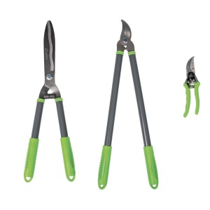 Set di cesoie per siepi, troncarami e forbici da potatura con manici verdi.