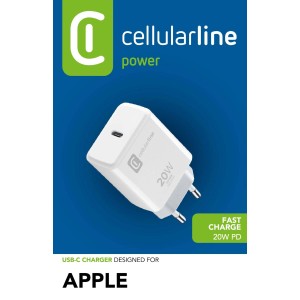 Caricatore rapido USB-C bianco da 20W di Cellularline per dispositivi Apple.