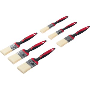 Set di 6 pennelli con setole sintetiche e manici in plastica rossa per lavori di verniciatura.