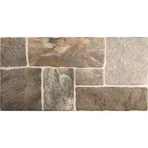 Piastrella da rivestimento t.b.t. effetto pietra, formati vari e toni marroni.