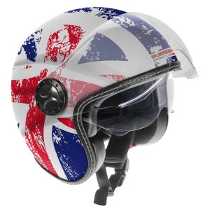 Casco t.b.t. con design Union Jack per motociclisti.