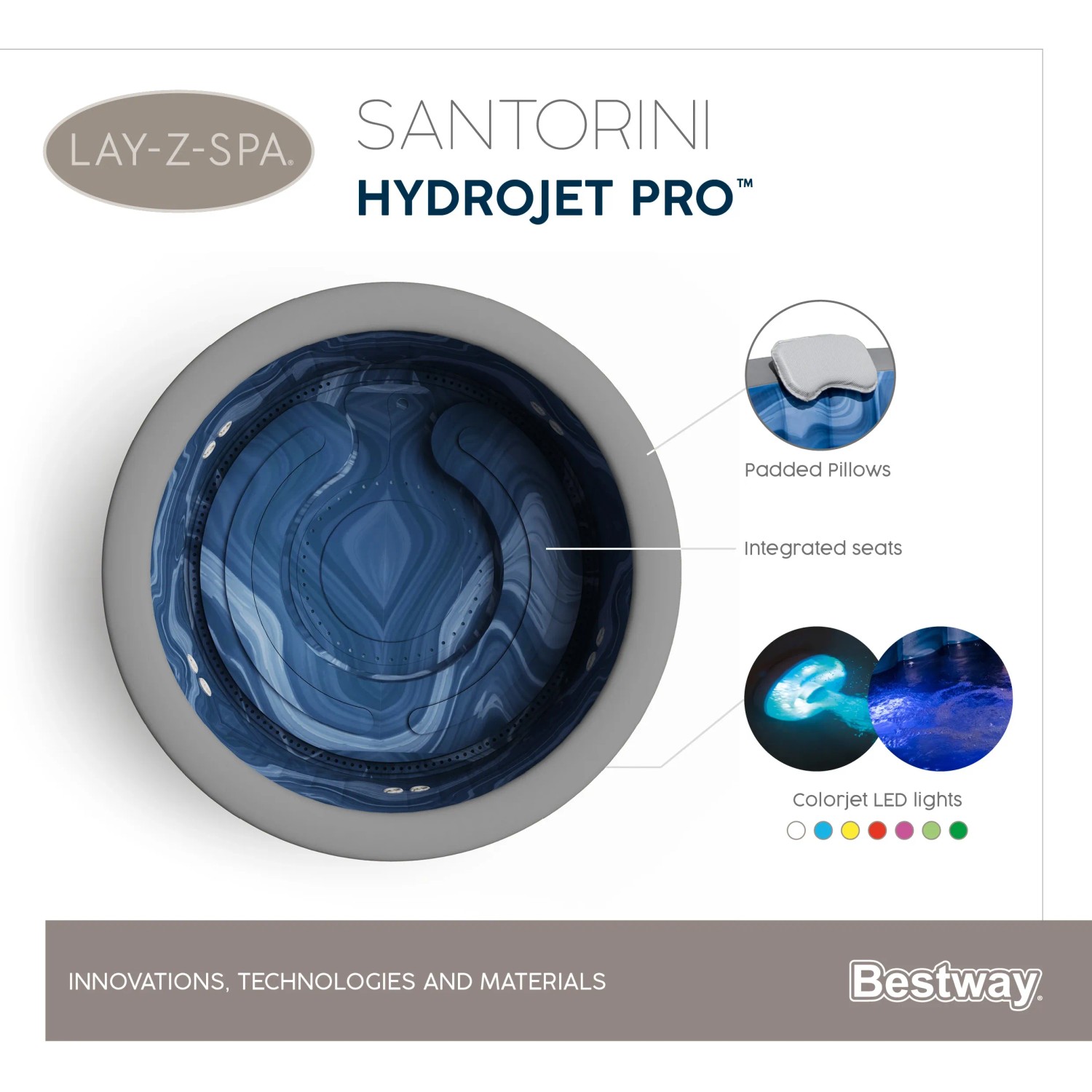 Bestway LAY-Z-SPA Santorini HydroJet Pro, vasca idromassaggio gonfiabile rotonda con effetto marmo blu, illuminazione LED e poggiatesta.