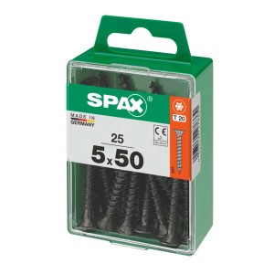 Viti universali Spax, 5x50 mm, zincate, nere, 25 pezzi in contenitore di plastica verde.