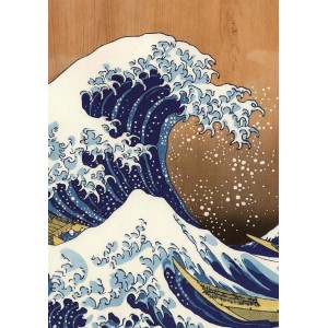 Quadri: Onda di Hokusai su legno, colori blu e bianco.
