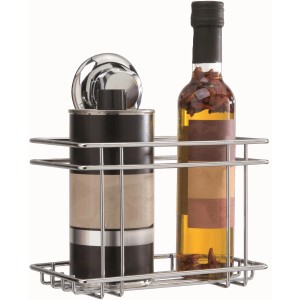 Accessorio da parete t.b.t. con spezie e bottiglia d'olio in cesto di metallo.