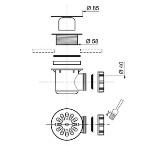 Disegno tecnico di un sifone doccia con dimensioni.