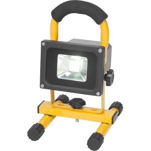Faretto da lavoro a LED portatile da 10W con batteria, struttura gialla, testa luminosa nera. Ideale per cantieri.