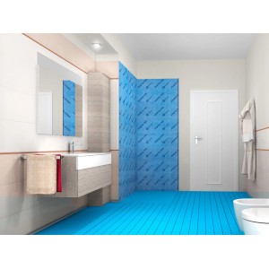 Bagno con membrana bituminosa blu t.b.t. come impermeabilizzazione su pavimento e parete.