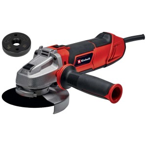 Smerigliatrice angolare Einhell, rosso/nero, con disco da taglio e accessori.