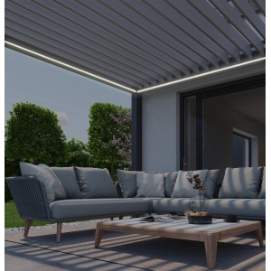 Illuminazione LED Biohort su pergola, luce bianca calda, illuminazione d'atmosfera per patio.