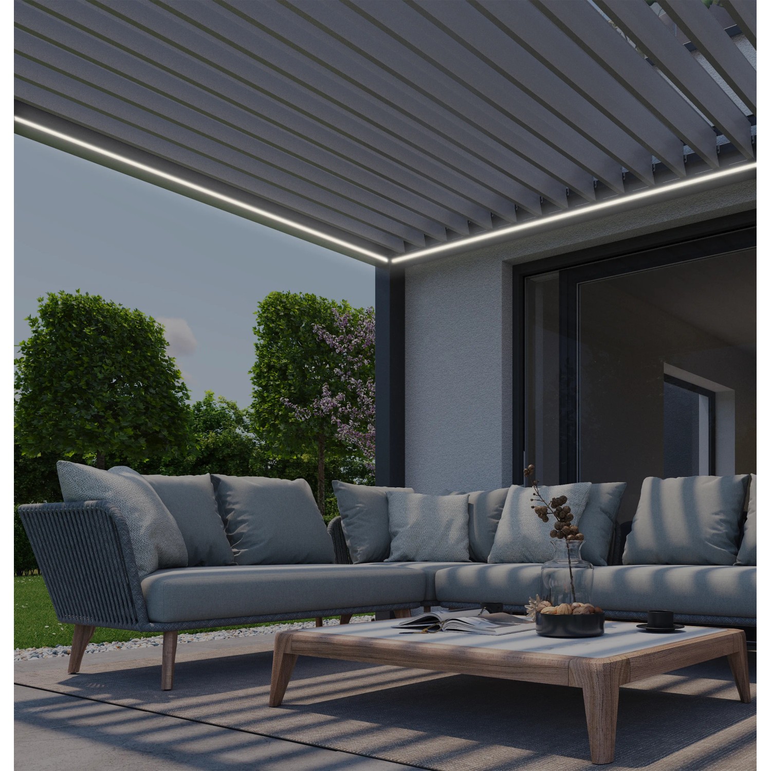 Illuminazione LED Biohort su pergola, luce bianca calda, illuminazione d'atmosfera per patio.