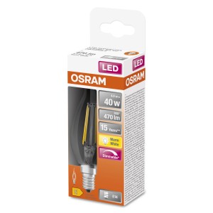 Lampadina LED E14 Osram, dimmerabile, bianco caldo, 4W, nella confezione.