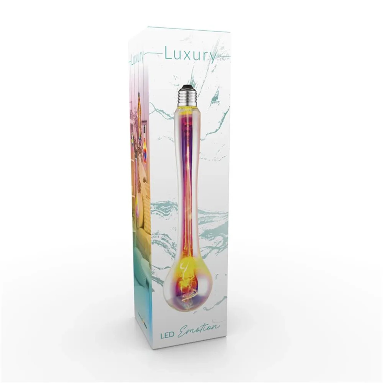 Lampadina LED E27 decorativa allungata nella sua confezione bianca.
