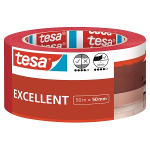 Tesa Excellent nastro adesivo per mascheratura, rosso, 50m x 50mm, per bordi di pittura puliti.