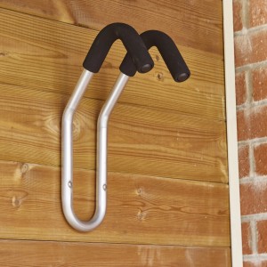 Ganci a muro color argento per biciclette con imbottitura nera, per montaggio a parete.