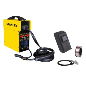 Saldatrice Stanley gialla con accessori: maschera, bobina di filo e cavo. Ideale per la saldatura.