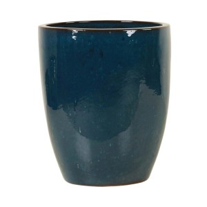 Vaso decorativo blu per piante, ceramica lucida, forma cilindrica.