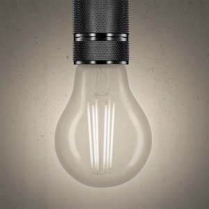 Lampadina LED E27 con vetro trasparente e base nera.