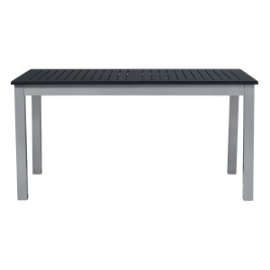 Tavolo da giardino rettangolare con struttura grigia e piano scuro.