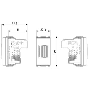 Disegno tecnico di t.b.t. per interruttori e dimmer con dimensioni.