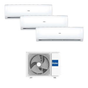 Climatizzatore t.b.t. bianco con unità interna ed esterna.