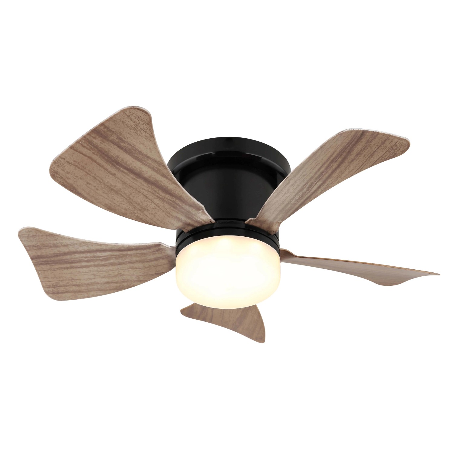 Ventilatore da soffitto con pale effetto legno e illuminazione LED integrata.