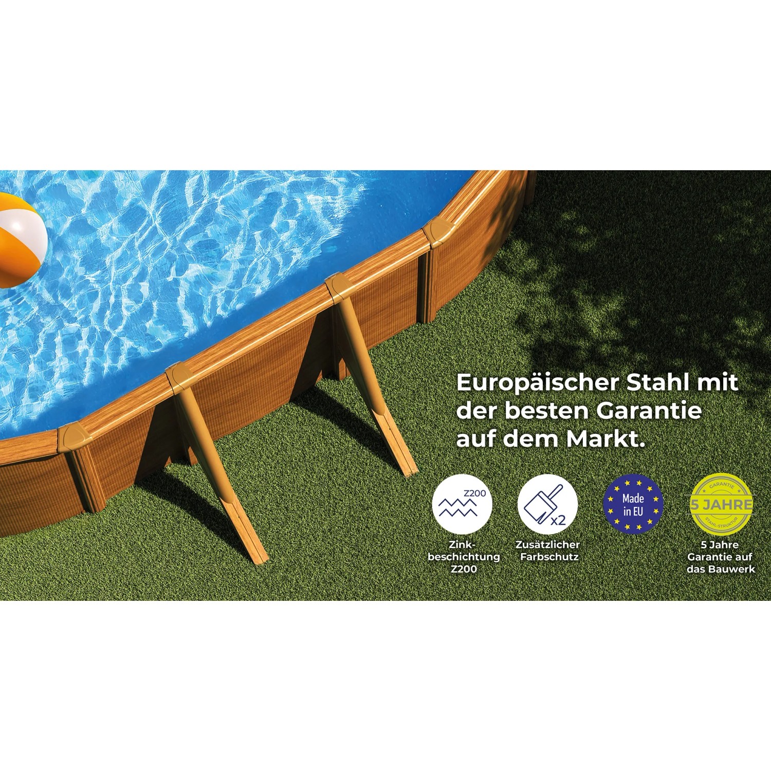 Piscina ovale Gre Pool Pacific effetto legno, piscina con pareti in acciaio per il giardino.