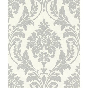 Carta da parati decorativa con motivo floreale grigio su sfondo chiaro.