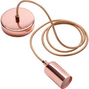 Sospensione per lampada in oro rosa con cavo tessile.