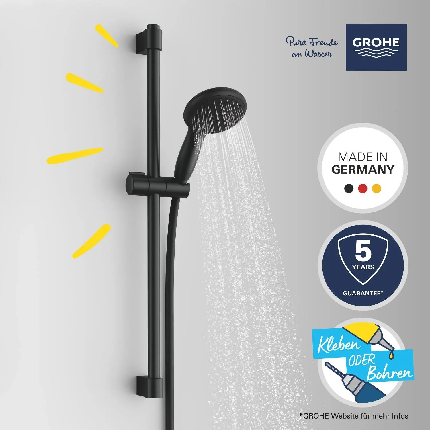 Grohe Vitalio Start 110 set doccia, nero opaco, con asta doccia e due getti.