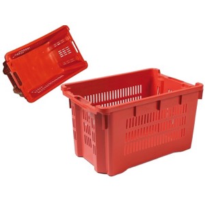 Cassa per la raccolta t.b.t. in plastica rossa per frutta e verdura.