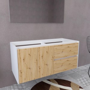 Mobile bagno sospeso in bianco e effetto legno.