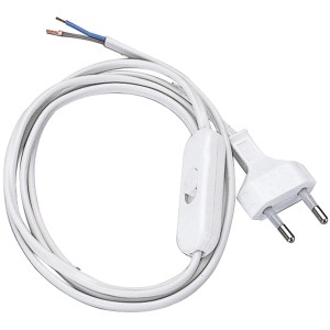Cavo bianco con interruttore intermedio e spina per lampade o luci.