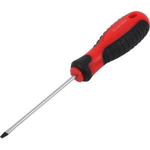 Cacciavite a taglio, 3 mm x 80 mm, con manico in plastica rosso e nero.