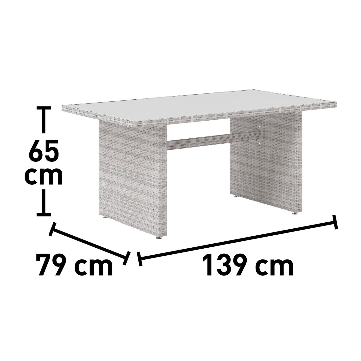 Dimensioni del tavolo da giardino t.b.t.: 65x79x139 cm.