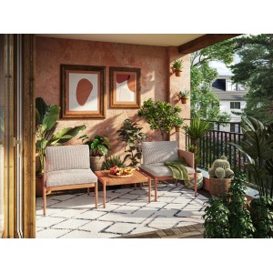 Set balcone Redcliffe 3 pezzi in alluminio arancione con tavolo e due sedie.
