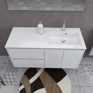 Mobile lavabo singolo t.b.t. bianco con rubinetto e dispenser sapone, vista dall'alto.