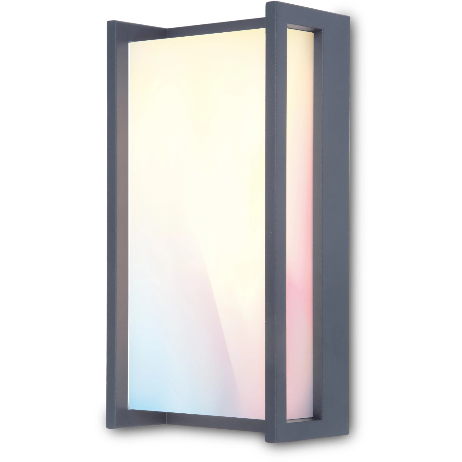 Moderna lampada da parete per esterni a LED Lutec Qubo angolare in antracite, dimmerabile e con cambio colore.