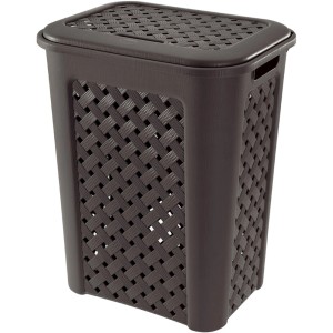 Cesto portabiancheria marrone con coperchio e motivo intrecciato.