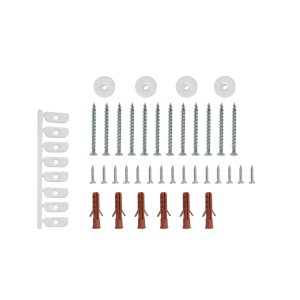 Materiale di fissaggio per porta a soffietto: viti, tasselli, coperture e guida.