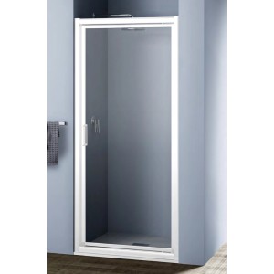 Porta doccia t.b.t. con telaio bianco e vetro trasparente.