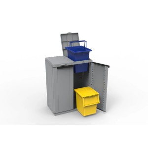 Sistema di raccolta differenziata t.b.t. con contenitore grigio, secchio blu e giallo.