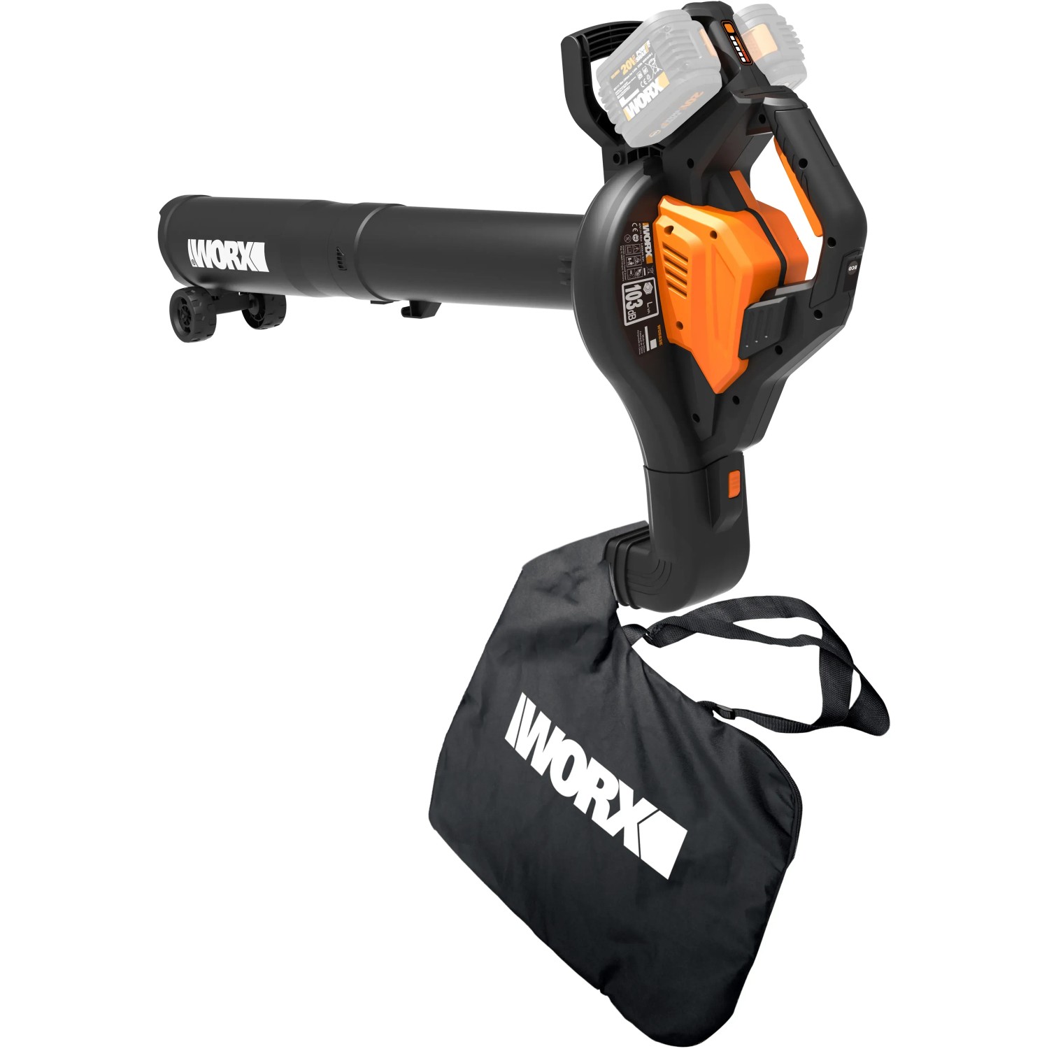 Worx WG583E.9 soffiatore/aspiratore a batteria, 2x20V Solo con sacco di raccolta. Ideale per lavori di giardinaggio.