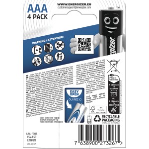 Energizer Ultimate Lithium AAA, confezione da 4. Batterie al litio a lunga durata per dispositivi ad alto consumo.