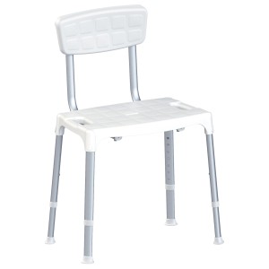 Sedia da doccia bianca con schienale e gambe regolabili in alluminio per la sicurezza del bagno.