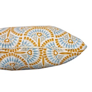 Fodera decorativa per cuscino da esterno con motivo blu e oro.