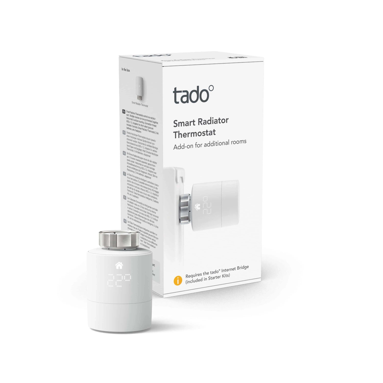 Termostato intelligente per radiatore tado° per controllo ambienti, design bianco.