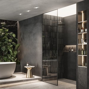 Bagno moderno con faretti da incasso t.b.t. per un'illuminazione suggestiva.